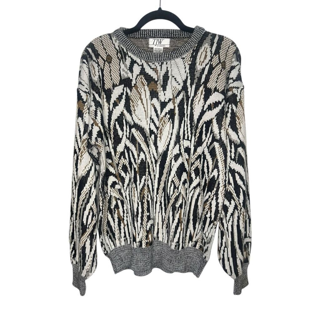 Vintage TJW Mervyns Men’s Medium Abstract Sweater Gray Crewneck Acrylic 90s